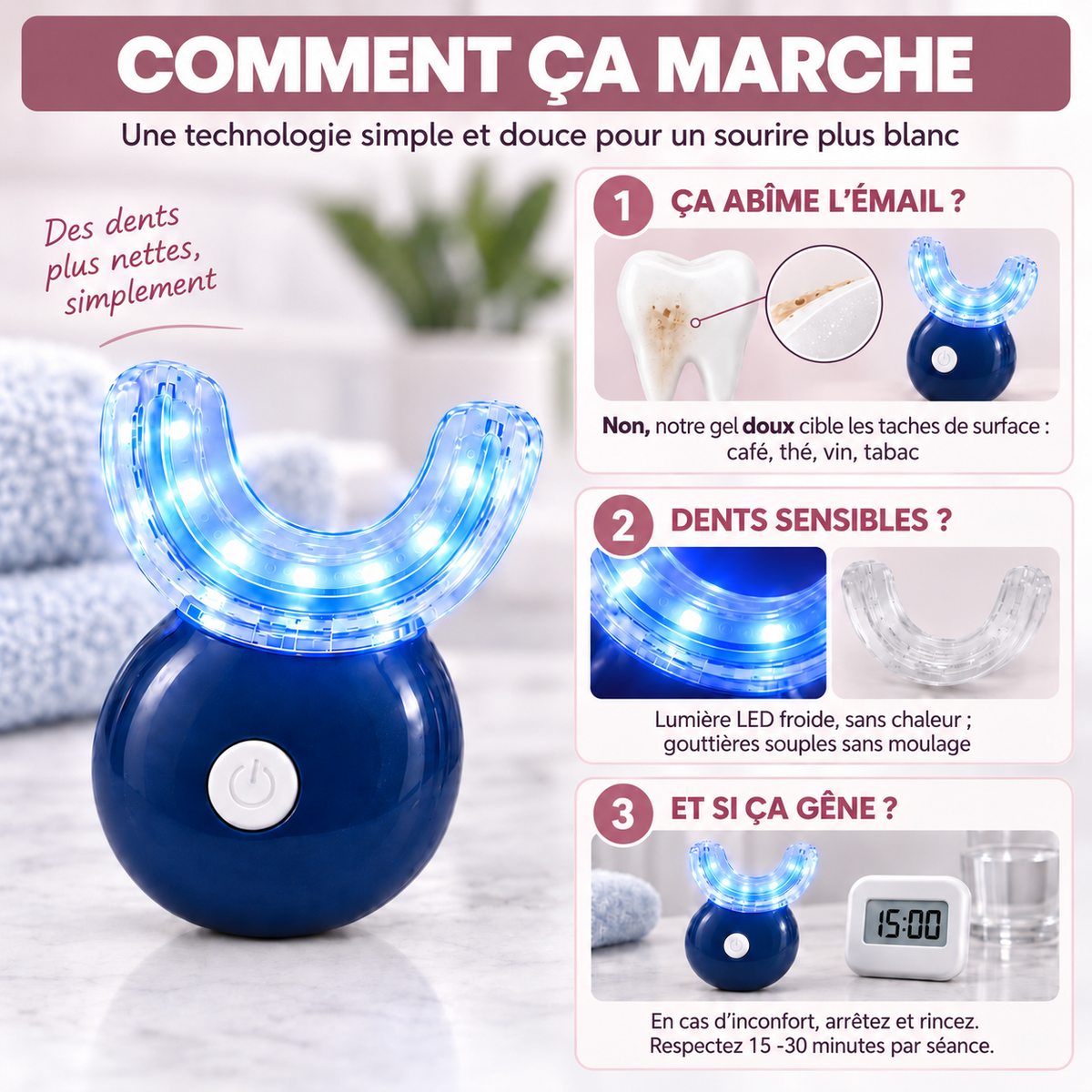 Kit de Blanchiment Dentaire LED — Sourire Éclatant en 15 Minutes